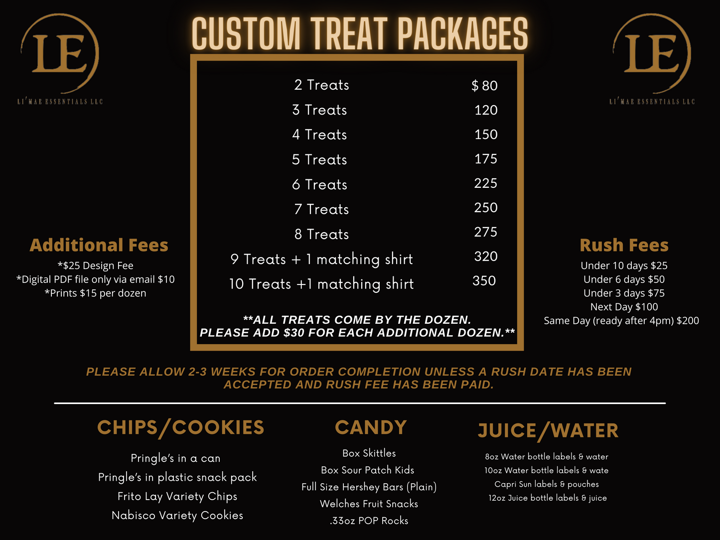 Custom Party Treats RUSH FEES